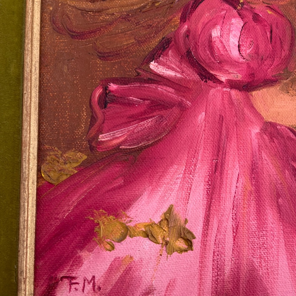 Vintage Italy Signed Oil Painting Gold Gilt Green Velvet Frame Girl W Flowers - Picture 7 of 16